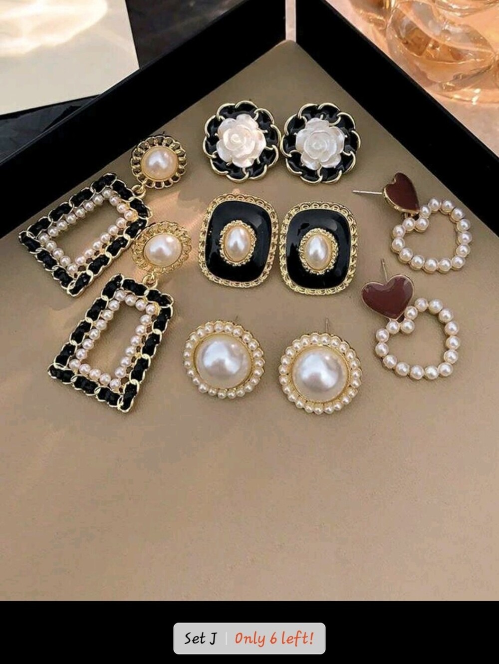 5 Pairs Pearl and Black Enamel Earring Set - Women Jewelry